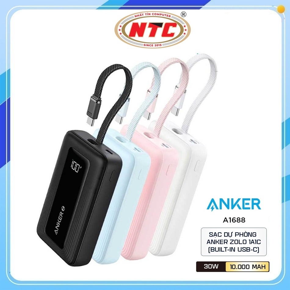 Cục tích điện 10000 Anker Zolo A1688 TypeC PD 30W và USB-A QC 3.0 22.5W, tích hợp cáp TypeC 30W