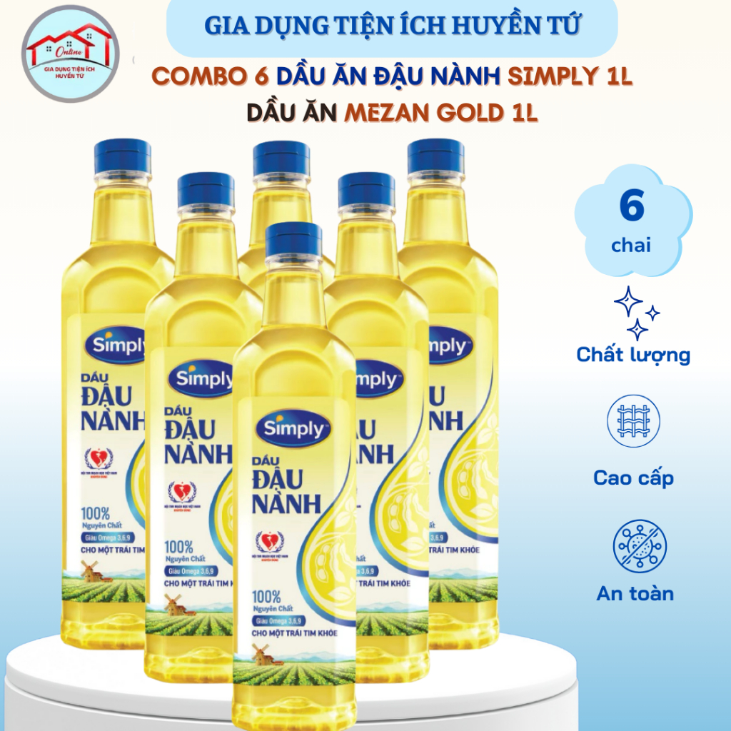Combo 6 chai dầu ăn Simply 1l/ Mezan gold 1l dầu đậu nành chất lượng và tốt cho sức khỏe