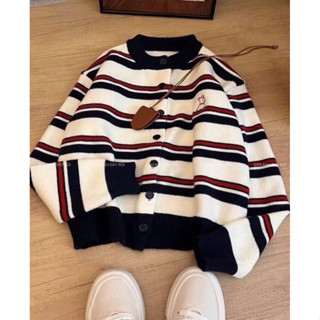 【Sẵn Áo Khoác Len Nữ Cadigan Dáng Ngắn ,Kẻ Ngang Hoạ Tiết Thêu Chó,Len Dệt Kim Dày Dặn ,Áo Len Nữ Thu Đông