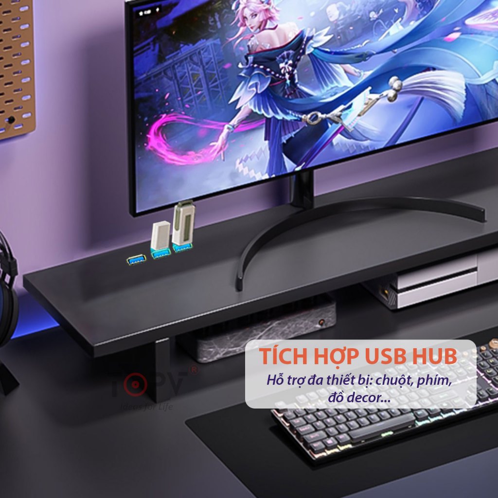 Kệ màn hình máy tính LED sạc không dây USB kệ để máy tính bàn giá đỡ màn hình kê PC gỗ trắng | BigBuy360 - bigbuy360.vn