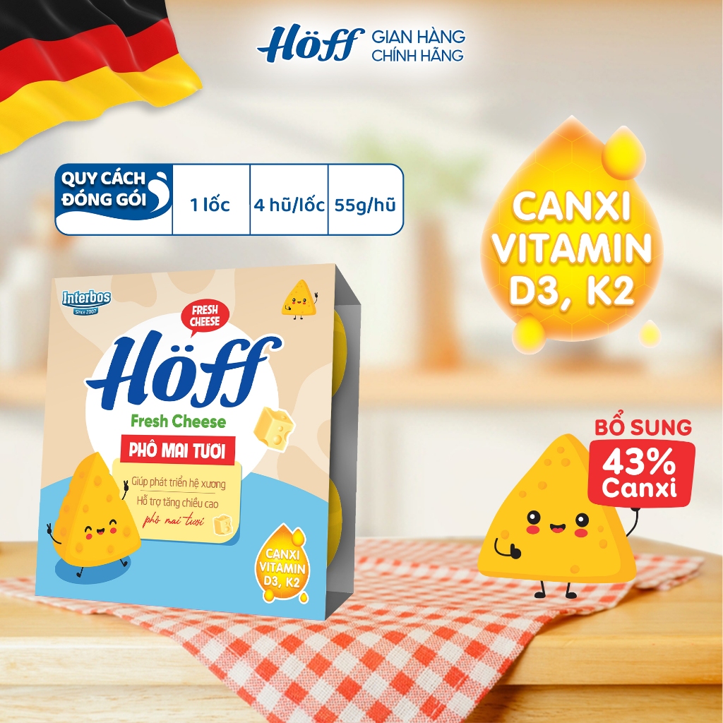 Phô mai tươi HOFF bổ sung Canxi, Vitamin hỗ trợ phát triển chiều cao cho trẻ em 1 Lốc (4 hộp x 55g)