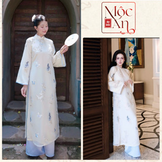 Áo Dài Cách Tân "Diên Phúc" Dáng Xuông Vải Voan thêu 2 lớp màu kem Be  - Áo Dài mộc An Chính Hãng 