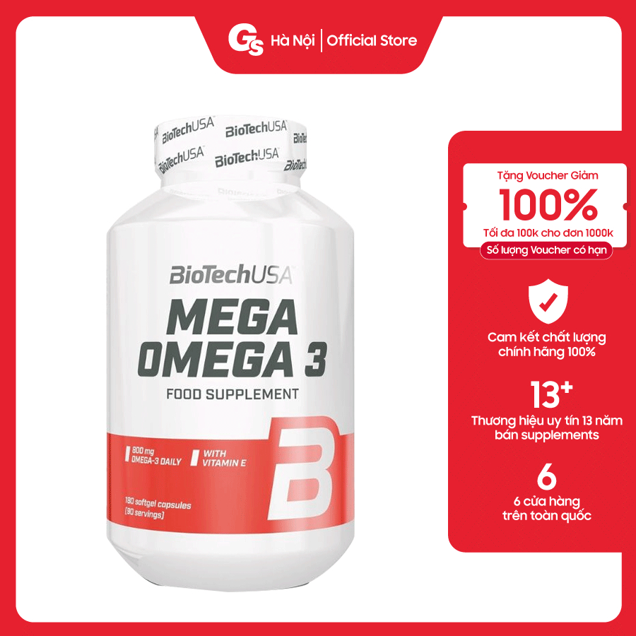 Dầu cá Biotech USA Mega Omega 3 (180 Softgels) - Made in Hungary - Gymstore