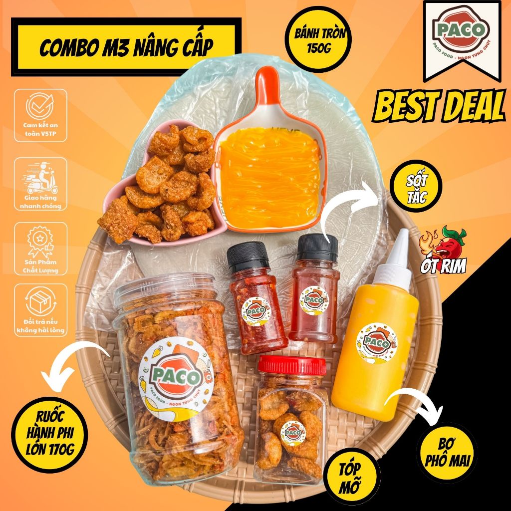   M3 KÈM HỦ RUỐC TO  combo bánh tráng phơi sương bơ phô mai m3 paco food đầy đủ topping bánh tráng 150g tốp mỡ sôt và bơ- 