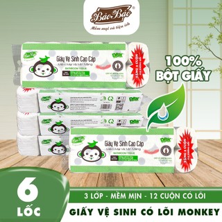 Giấy vệ sinh Bảo Bảo 12 cuộn Monkey 960g có lõi combo 4 - 6 -10 - mềm mại, tiết kiệm, an toàn cho da