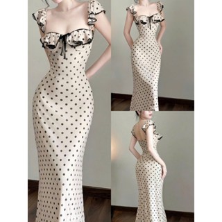 Đầm body thời trang Nữ dáng dài chất lụa mịn mát họa tiết chấm bi phối viền ren tay cánh tiên nhún bèo ngực rút dây nơ