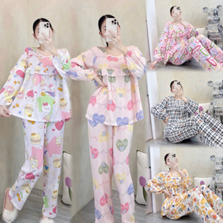 Đồ bộ tole nữ, bộ mặc nhà lanh VNXK F21 thiết kế cổ tròn bèo tay dài quần dài.