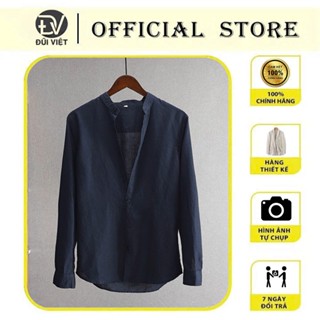 Áo sơmi nam 100% linen premium tay dài cổ trụ màu xanh biển