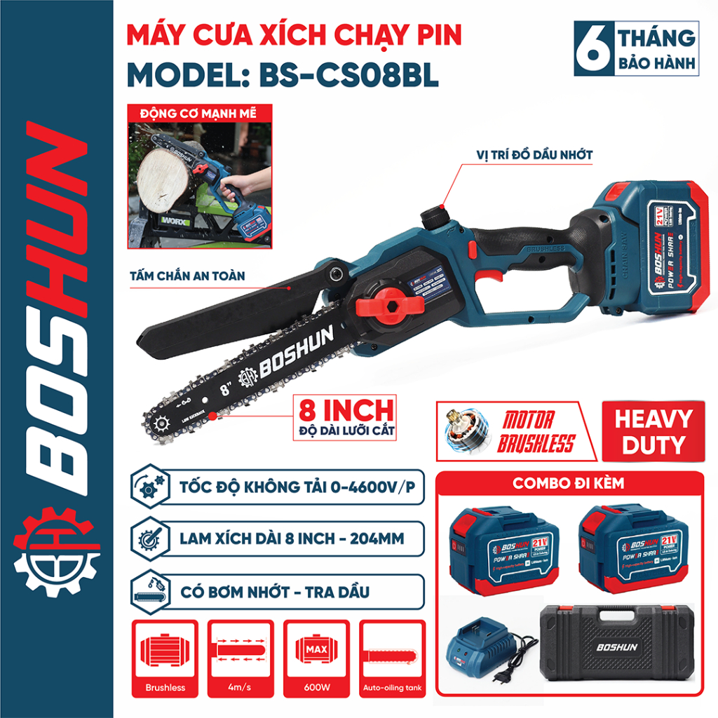 Máy Cưa Xích Pin BOSHUN BS-CS08BL, Không Chổi Than, Chiều Dài Lam 24cm, Bình Tra Nhớt