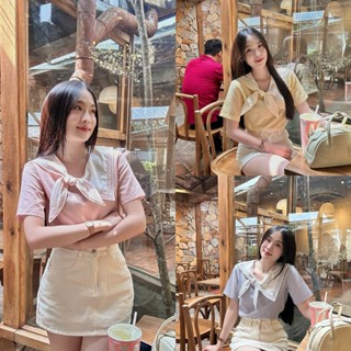 Áo sơ mi nữ thủy thủ viền sọc cột nơ lệch cổ tay ngắn trẻ trung LAMO - B1438