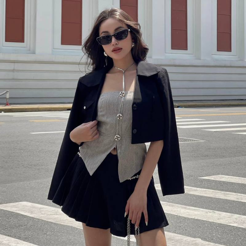 THE FANCE | Áo blazer crop nữ dáng lửng vừa 2 lớp có độn vai cúc đá sang chảnh JANDI