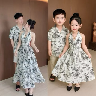 Set gia đình: Áo sơmi bé trai cộc tay, váy yếm bé gái + Áo sơmi và đầm cho ba mẹ in hoa siêu xinh