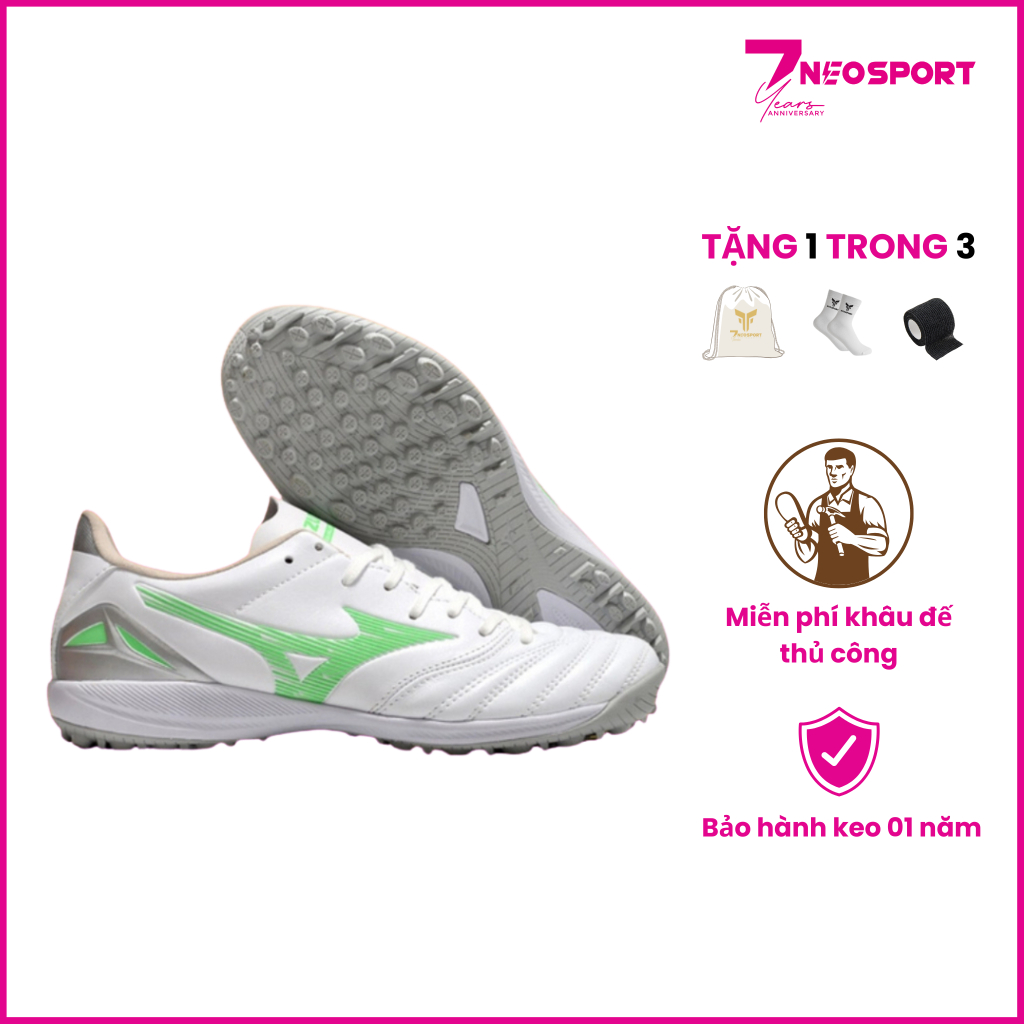 Giày Bóng Đá Cỏ Nhân Tạo Mizuno Morelia Neo 4 Pro Đế Đệm Trắng Logo Xanh Lá TF