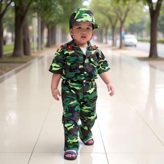 Quần Áo Rằng Ri Cho Bé Trai Bé Gái_  Bộ Đồ Bộ Đội Trẻ Em_ Trang Phục Lính Camo Cực Ngầu _ Bé Tập Làm Chú Bộ Đội