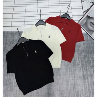 Áo polo len cộc tay thêu họa tiết ngựa, áo polo dệt kim co giãn thoáng mát và tôn dáng