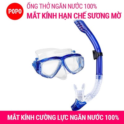Kính lặn biển ống thở POPO với 2 van ngăn nước 100%, mặt nạ lặn với mắt kính cường lực