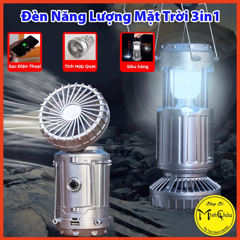 Đèn Năng Lượng Mặt Trời 3in1 Kết Hợp Quạt & Sạc Điện Thoại, Đèn Siêu Sáng Để Câu Cá, Cắm Trại, Du Lịch
