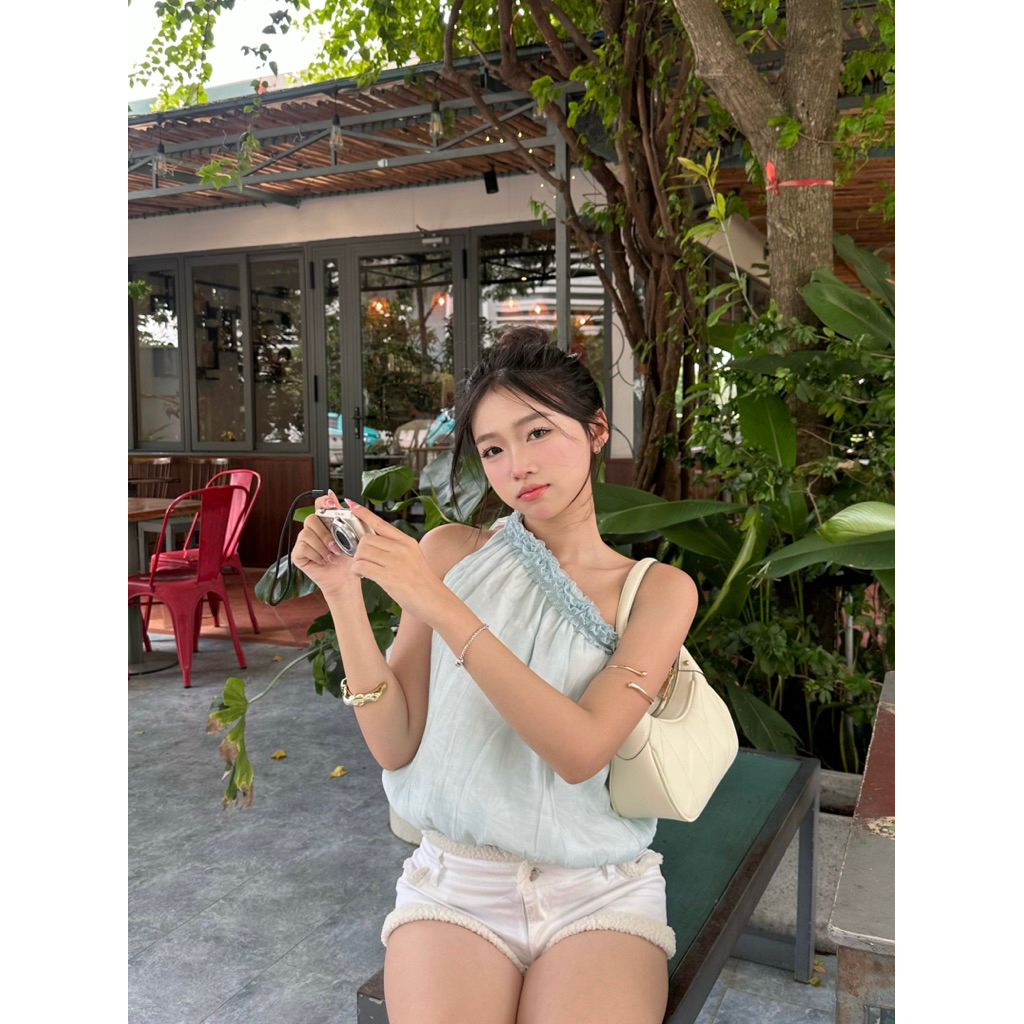 LIBEROSIS - Áo form bí hở vai mùa hè SWEET BUBBLE TOP (có hoạ tiết hoa trắng)