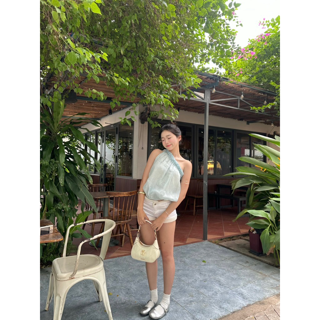 LIBEROSIS - Áo form bí hở vai mùa hè SWEET BUBBLE TOP (có hoạ tiết hoa trắng)