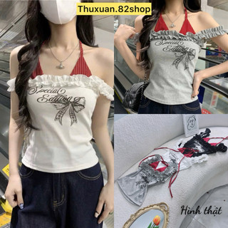 Áo 2 dây bẹt vai phối cổ yếm sành điệu dành cho nữ | Áo trễ vai giả 2 lớp viền tay bèo ôm body xinh xắn