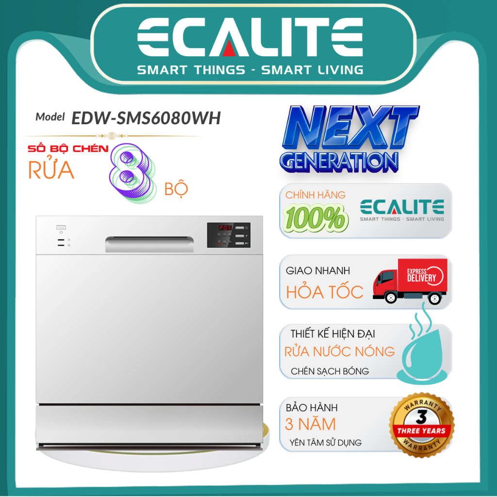 Máy Rửa Chén Mini Để Bàn Ecalite EDW-SMS6080WH - 8 Bộ, Màu Trắng, Kích Thước 55x59x50cm