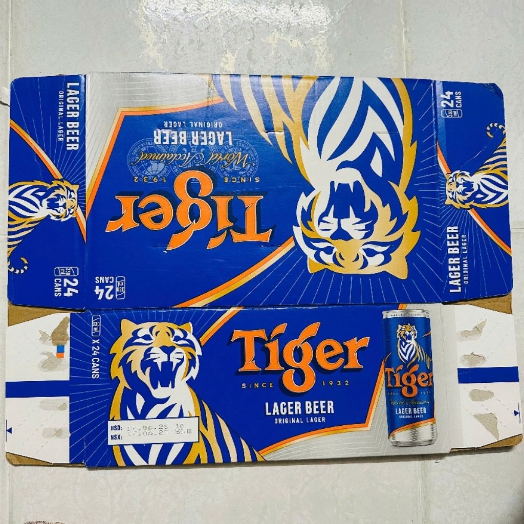 Vỏ thùng bia Tiger xấp 10 vỏ HSD 09/2026