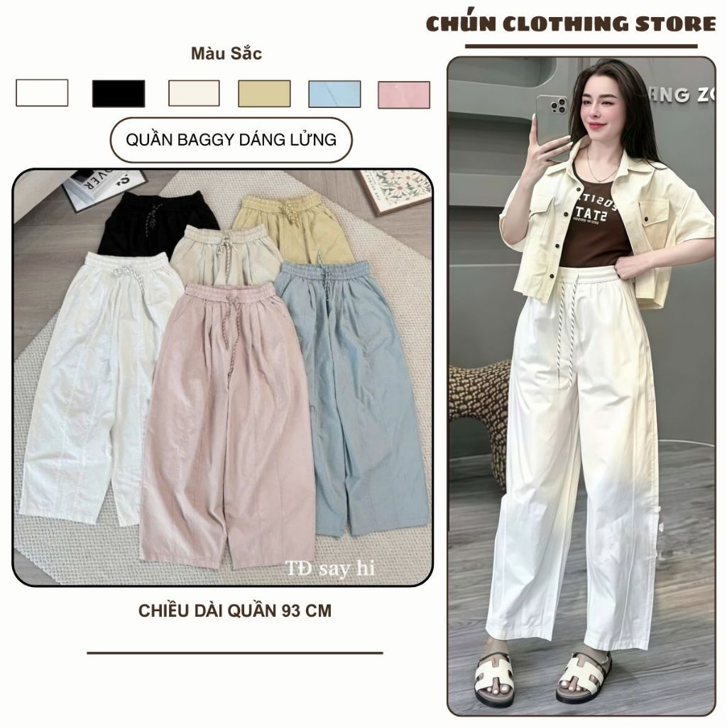  Quần Baggy Nữ Dáng Lửng Chất Kaki Gió Mềm Cạp Chun Dây Rút Lưng Cao Quần Ống Bom Thụng Dài 93cm 