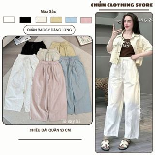  Quần Baggy Nữ Dáng Lửng Chất Kaki Gió Mềm Cạp Chun Dây Rút Lưng Cao Quần Ống Bom Thụng Dài 93cm 