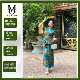  Đồ bộ trung niên cách điệu cho mẹ áo Tay Ngắn có cổ quần ống rộng quần giả váy chất lụa nhập ĐỒ BỘ BA CHỊ EM Ms30 