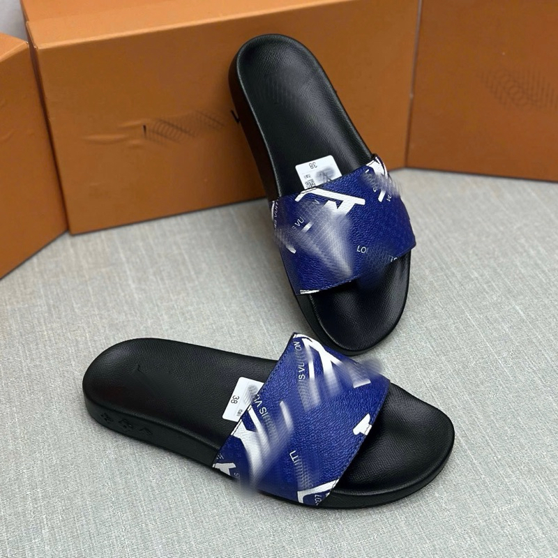 Dép lê nam quai ngang EV quai dệt da xanh phối chữ trắng cạnh đế khắc logo hoa