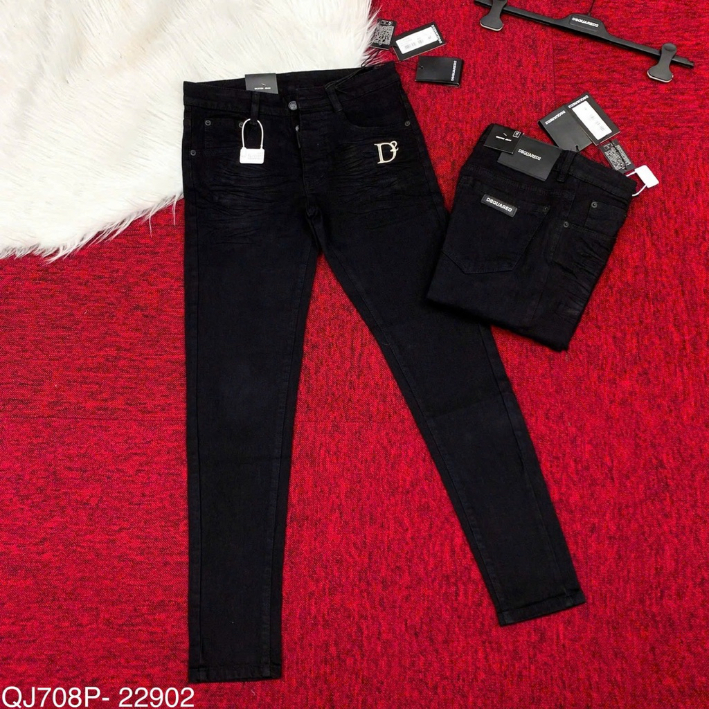 Quần jean bò nam slimfit D2 đen trơn đùi đùi dập nhăn tag logo kim loại D2 sau mông thêu mác da đơn 