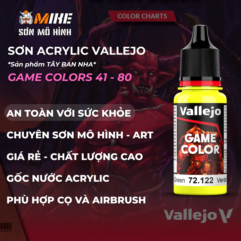 Sơn VALLEJO 41-80 gốc nước ACRYLIC GAME COLOR 18 ml thân thiện môi trường cọ, airbrush, mô hình gund