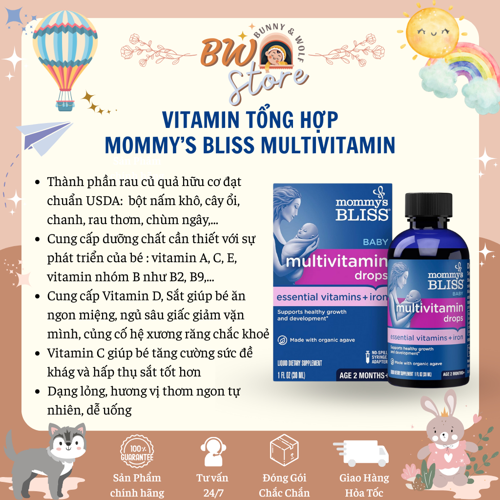 Mommy's Bliss Baby Multivitamin With Iron Liquid - Vitamin Tổng Hợp Kèm Sắt Hữu Cơ Mommy's Bliss Mỹ 