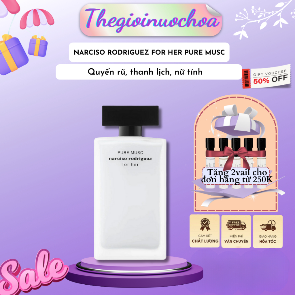 Nước hoa nữ Narciso For Her Pure Musc - Narciso Trắng, Hương phấn hoa tươi, xạ hương trắng thơm mát 