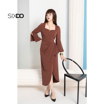 Đầm xẻ tay nhún eo SIXDO (Russet Square Neck Silk Sarong Dress)