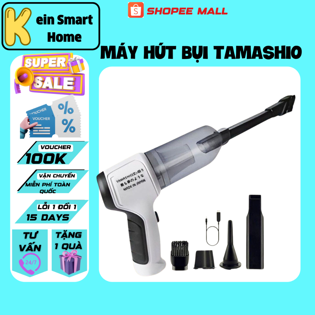 Máy Hút Bụi Cầm Tay Nhật Bản TAMASHIO Không Dây, Với 6 Đầu Hút, Bảo Hành 12 Tháng.