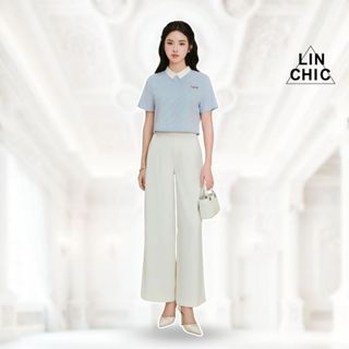 Set áo sơ mi thêu chữ thiết kế croptop phối cổ và quần dài dáng suông cạp cao tiểu thư Linchic