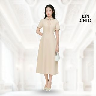  Đầm kiểu nữ dáng dài thiết kế cổ sen phối cúc váy liền thân tay ngắn tiểu thư Linchic V-VD11 