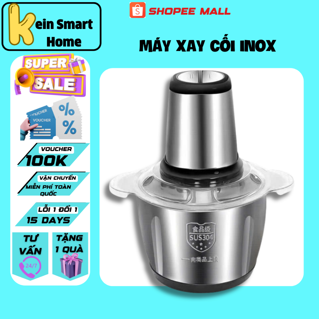 Máy Xay Thịt Inox Đa Năng 4 Lưỡi, Cối Inox Dung Tích 2L Công suất 300W