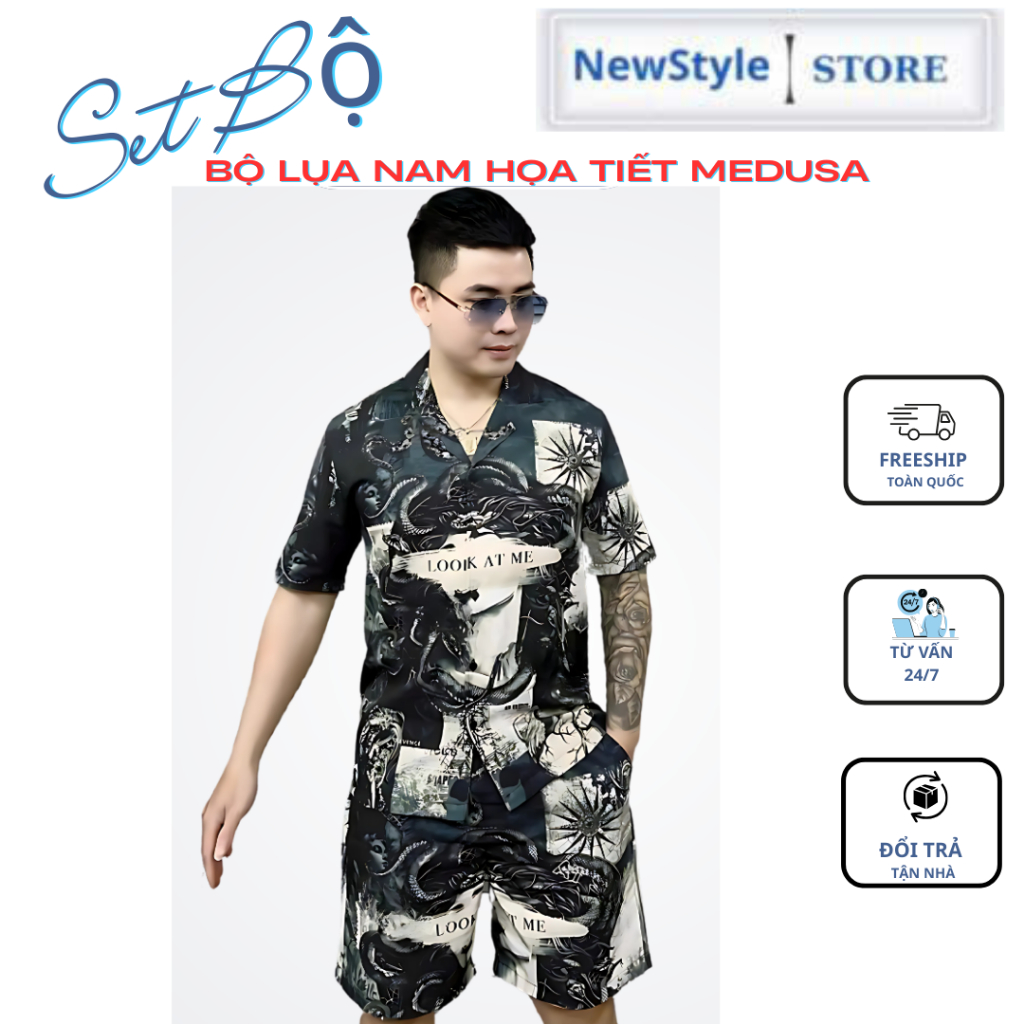 Bộ Đồ Lụa Nam Họa Tiết Medusa – Set Đồ Nam Áo Quần Ngắn Mặc Nhà/Đi Biển Cá Tính, Mát Mẻ