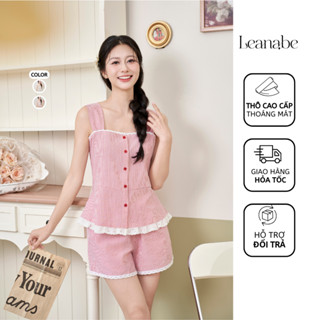 Bộ Ngủ Pyjama Leenabe Vải Thô Hàn Dáng Áo 2 dây bản to Quần cộc 25T506 full size SMLXL