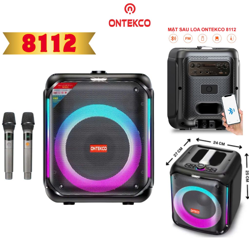 Trọn bộ Loa Ontekco 8112 xách tay di động không dây kèm Micro, hát karaoke dễ dàng mang đi du lịch