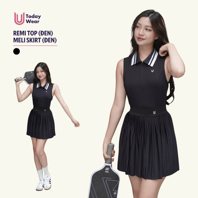 Set bộ đồ pickleball áo Remi Top đen mix chân váy Meli Skirt đen Today U Wear có lót không lộ