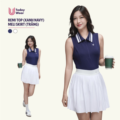 Set bộ đồ pickleball áo Remi Top xanh navy mix chân váy Meli Skirt trắng Today U Wear có lót không lộ