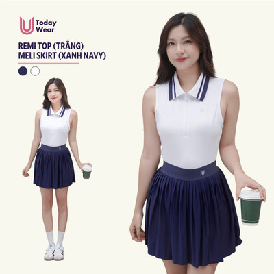 Set bộ đồ pickleball áo Remi Top trắng mix chân váy Meli Skirt xanh navy Today U Wear có lót không lộ