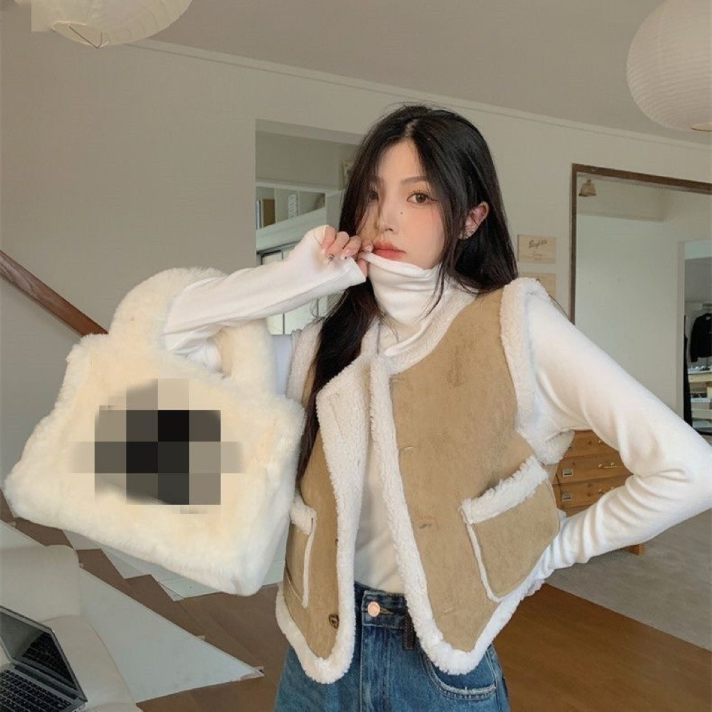 [SẴN] Áo khoác gile nữ Croptop form rộng, áo khoác ba lỗ da lộn màu nâu lót lông cừu túi hộp - 201 | BigBuy360 - bigbuy360.vn