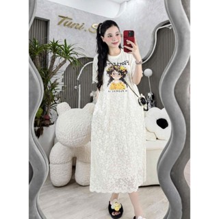  Váy bầu dáng suông hoa ren in hình cố gái xinh xắn .Thiết kế Lachic V89 