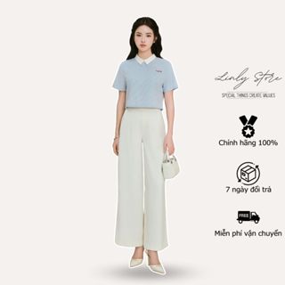 Set áo sơ mi kiểu croptop phối cổ thêu chữ và quần dài cạp cao dáng suông tiểu thư Linly Store
