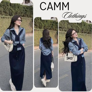  Set váy nữ áo sơ mi kẻ sọc tặng kèm khăn mix chân váy dài lưng chun tone xanh navy hottrend hè-HCOM25798-CAMM 