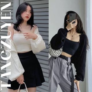 SA002 Bộ áo khoác cardigan mỏng, tay bo phồng và áo hai dây croptop ôm body sexy phong cách bánh bèo tiểu thư cute